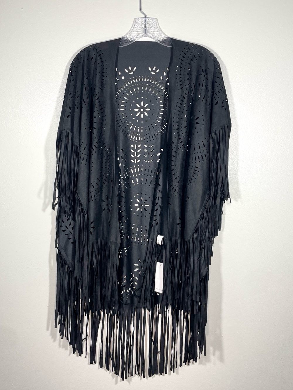 NWT Choies Black Laser Cut Fringe Kimono Boho Festival Cover Up Western